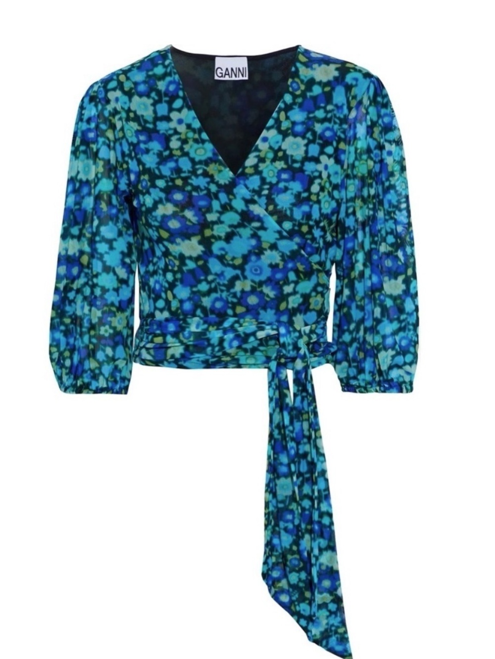 Ganni Blue Cropped Floral Wrap Top sz. M